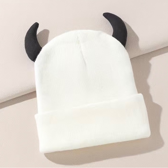 3 pack 1 red 1 pink 1 white knit beanie cap horns devil hat winter goth punk emo - Picture 6 of 12